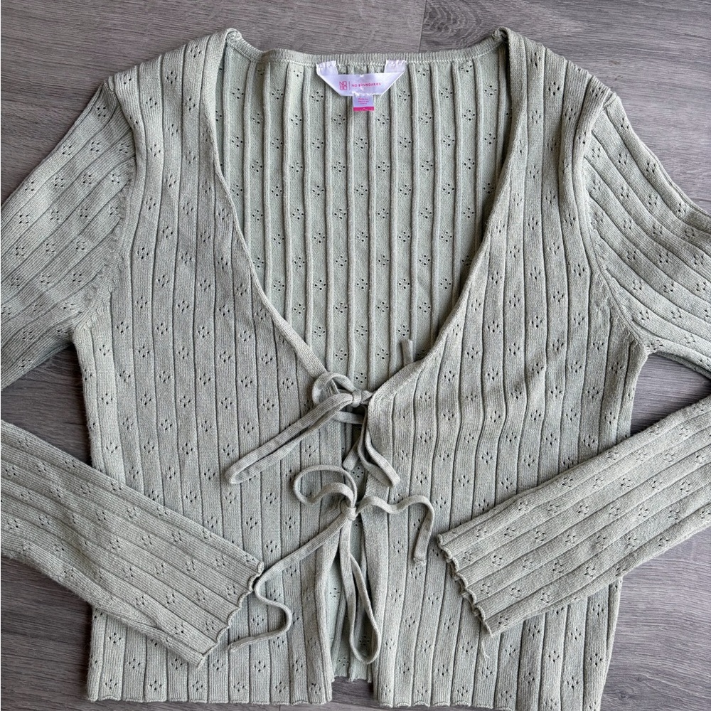 No Boundaries Sage Green Tie-Front Cardigan